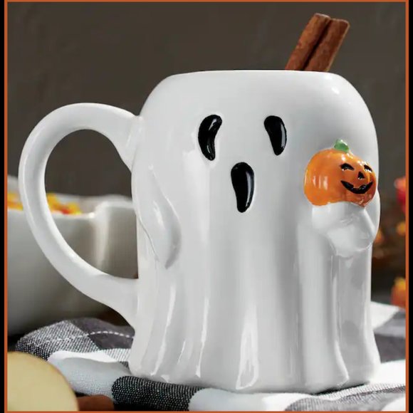 NEW RARE Halloween Ghost Mug holding a Jack O Lantern Mug 16 OZ Ceramic - Picture 1 of 6